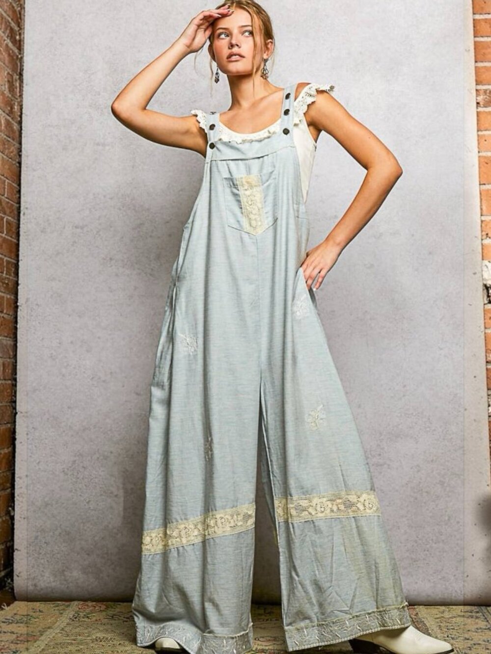 Pol Lace Trim Vintage Washing 100%Cotton Overalls Wide-Leg Sky Blue S M L Relaxe - Picture 6 of 11